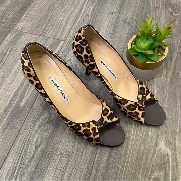 Manolo blahnik calf hair leopard peep toe heels - Picture 3 of 10